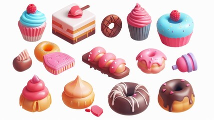 Poster - A 3D modern realistic object made of cupcakes, cake, donuts, and candy.