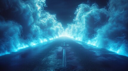 Aufkleber - A blue asphalt street with smoke is seen in the background. An empty scene is shown with a blue light. The background is defocused.