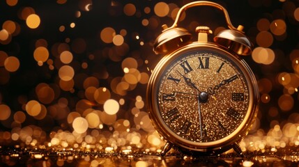 Wall Mural - Clock And Golden Fireworks - Countdown To Midnight - Abstract Defocused Background - 2024