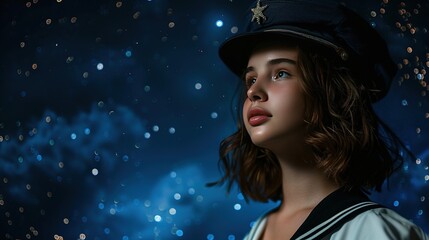 Wall Mural - A young woman in sailor attire, exuding confidence and style against a deep navy background reminiscent of a starry night sky