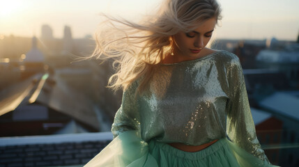 Wall Mural - young woman in a green shiny sweater with sequins and a long skirt against the background of the city, morning light, urban landscape, portrait, fashion, model, dress, girl
