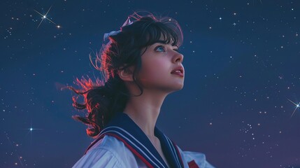 Wall Mural - A young woman in sailor attire, exuding confidence and style against a deep navy background reminiscent of a starry night sky