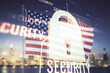 Virtual creative lock illustration with microcircuit on USA flag and blurry skyscrapers background, cyber security concept. Multiexposure