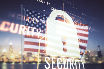 Aufkleber - Virtual creative lock illustration with microcircuit on USA flag and blurry skyscrapers background, cyber security concept. Multiexposure