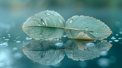 Poster - The white transparent leaf is reflected on the turquoise background, creating an artistic nature image, free space.