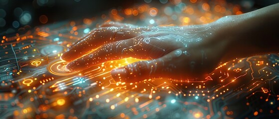 Fototapete - Data concept. Digital neural network. Hand of businesswoman touching artificial intelligence technology. Future cyberspace. Science and technology innovation.