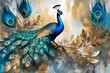 Peacock, retro, nostalgic, golden brushstrokes, textured background. Oil on canvas. Modern Art. leaves, blue, gray, wallpaper, poster, card, rug, hanging, print