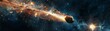 Living meteorite entering galaxy, vibrant trails, top view, cosmic, hyper realistic, low noise, low texture, photographic style,