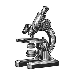 classic microscope, perfect for scientific themes sketch engraving generative ai fictional character vector illustration. Scratch board imitation. Black and white image.