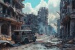 Apocalyptic ruins of a city with burnt-out vehicles and destroyed buildings, concept illustration