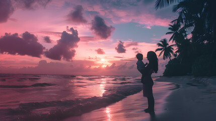 Wall Mural - Cinematic photograph of a mother holding baby at a tropical beach . Mother's Day.