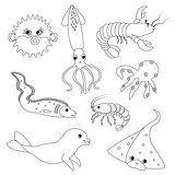 Fototapeta Dinusie - Doodle fish characters set, on the theme of sea, travel, sushi food. Shrimp, squid, octopus, eel fish, dolphin, stingray, crayfish, crab, sea bladder fish. Vector illustration on a white background.