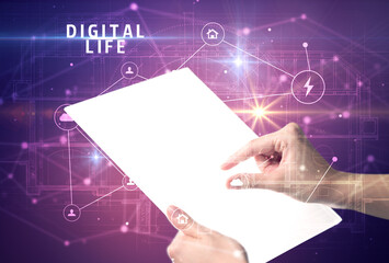 Fototapete - Holding futuristic tablet, security concept
