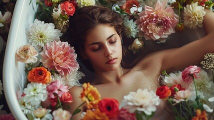 Wall Mural - A woman laying in a tub filled with flowers