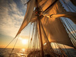 Backlit sails of a traditional tall ship on the atlantic 