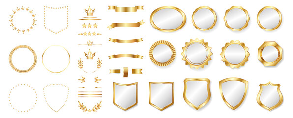 Victory medal awarded, golden ribbons and certificate labels. Vector trophy award banners, prize winner certificates, champion prizes sign with laurel branches, gold crown and badge banners
