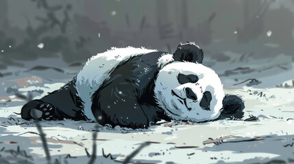 Wall Mural - A panda bear laying on its back in the snow