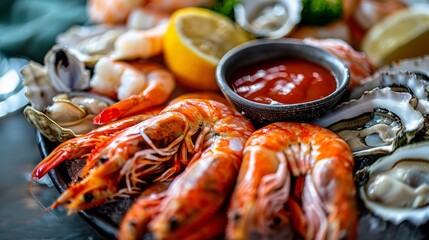 Wall Mural - A plate of shrimp, oysters, and broccoli on a table