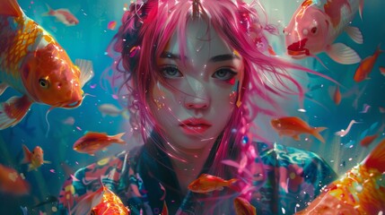 Sticker - A woman with pink hair is surrounded by fish