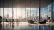 A sleek corporate headquarters with floor-to-ceiling windows overlooking a city skyline, representing financial success