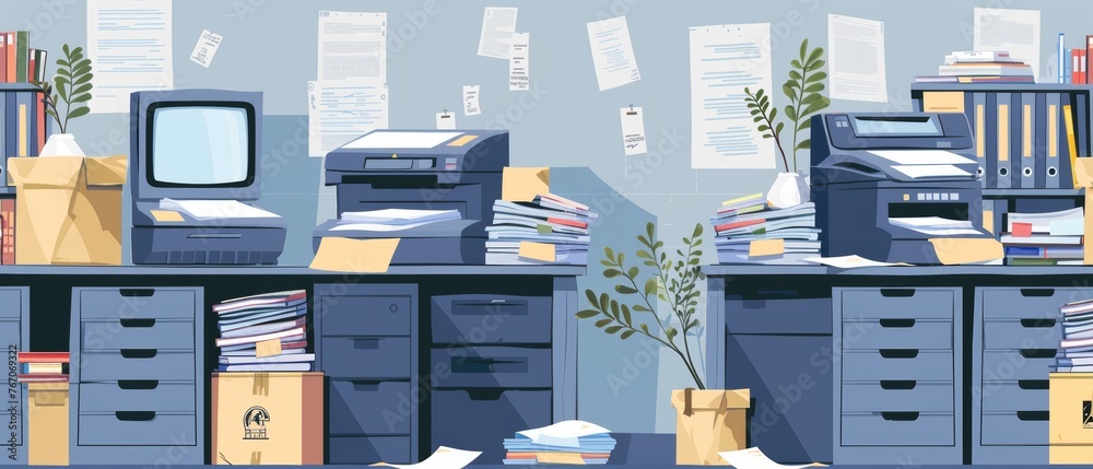 Scanning Paperwork Cartoon Office dark gray copier and multifunction scanner printer printing ...