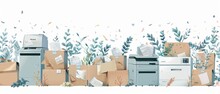 The Illustration Shows A Large Grey Office Floor Multifunction Printer Scanner Copier With Piles Of Documents On Cardboard Boxes Against A White Background. The Illustration Is Flat Cartoon Modern.