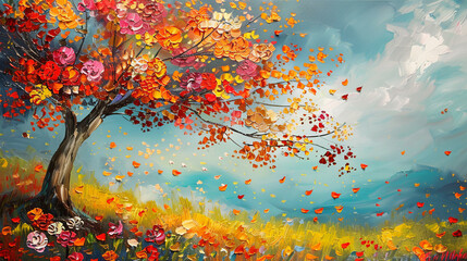 Painting of a tree with colorful flowers in the autumn season