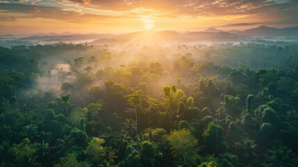 Wall Mural - Panoramic aerial view of a jungle landscape at sunrise