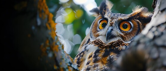 illustration of a close-up image of an owl's face with big eyes in bright yellow on a tree it can co
