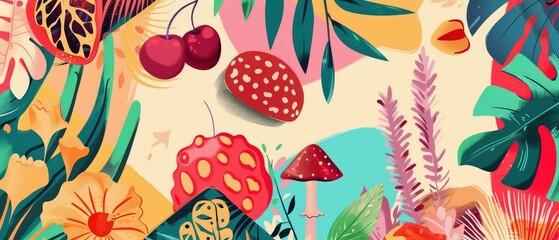 Poster - A retro psychedelic set of hippie elements featuring funky mushrooms, flowers, musical instruments, and decorative disco lamps. Modern illustration.