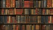 A beautiful seamless bookshelf background with old vintage books in warm colors.