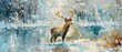 Painting on canvas - hand drawn picture of fairytale deer with small kid in the forest with snow in the winter season. Original oil painting for Christmas cards and New Year greetings.