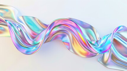 Wall Mural - Iridescent chrome fluid silk fabric, 3D holographic liquid wave, isolated on light background. Motion rendering of neon metal ribbon with rainbow gradient effect.