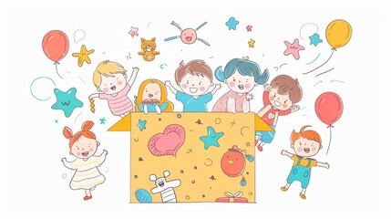 Poster - Happy Children's Day. Tons of toys appear from the huge gift box. Minimal flat design.