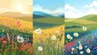 Decorative flower posters, spring and summer nature backdrops. Blossoms, hillsides, banners of the countryside in color. Modern illustrations in flat modern format.