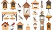 A set of wooden birdfeeders, feeding boxes, hanging trays with birds eating, pecking seeds, grains, cereals in winter. Modern illustration isolated on white.
