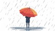 The sad character sits under the upturned umbrella in a heavy rainstorm, wind and a downpour. The background is white with a flat graphic modern illustration of person standing in a rainstorm,
