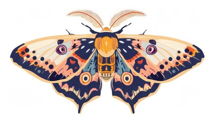 Wall Mural - Flying fauna, abstract species. Exotic night moth with antennae and beautiful wings pattern. Modern illustration in flat graphic style. Isolated on white.