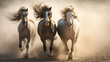  AI generated Three black horses run gallop in dust on a sunny day.
