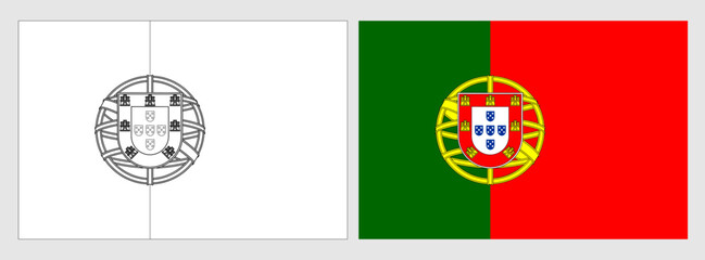 Canvas Print - Portugal flag - coloring page. Set of white wireframe thin black outline flag and original colored flag.