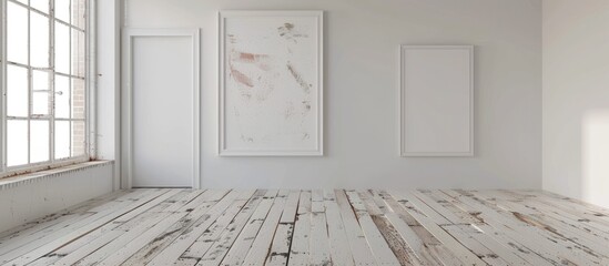 White walls and a painted wooden floor with 2 empty frames displayed as a mock-up.