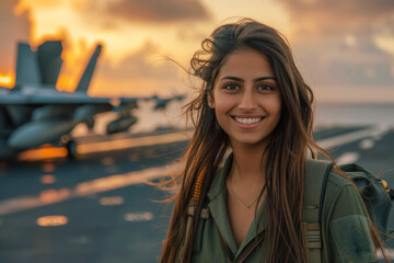 Wall Mural - Indian woman wearing air force uniform in the combat aircraft carrier