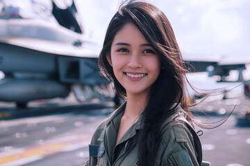 Wall Mural - Malay woman wearing air force uniform in the combat aircraft carrier