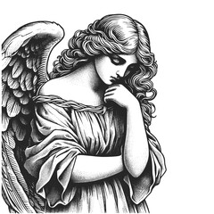 Wall Mural - Pensive sad bored angel sketch engraving generative ai fictional character vector illustration. Scratch board imitation. Black and white image.