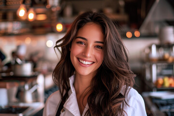 Sticker - Brunette woman wearing chef uniform in luxury hotel restaurant kitchen