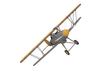 Poster - Old fighter biplane in flight. 3D rendering illustration isolated on empty background.