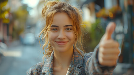 Wall Mural - Smiling young woman giving a thumbs up on a city street. Positive attitude and urban lifestyle concept with place for text for advertising and marketing