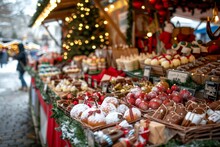 A Busy Christmas Market Showcasing A Wide Variety Of Festive Foods Like Roasted Chestnuts, Gingerbread Cookies, And Mulled Wine