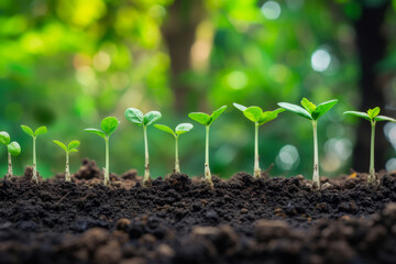 Wall Mural - A row of young plants are growing in the dirt. Concept of growth and new beginnings, as the plants are just starting to sprout and develop