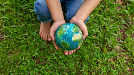 World Earth Day Concept. Green Energy, ESG, Renewable and Sustainable Resources. Environmental Care. Hands of People Embracing a Handmade Globe. Protecting Planet Together. Top View